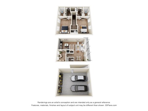 Floor plan for 2 beds, 2.5 baths, 1291 sqft